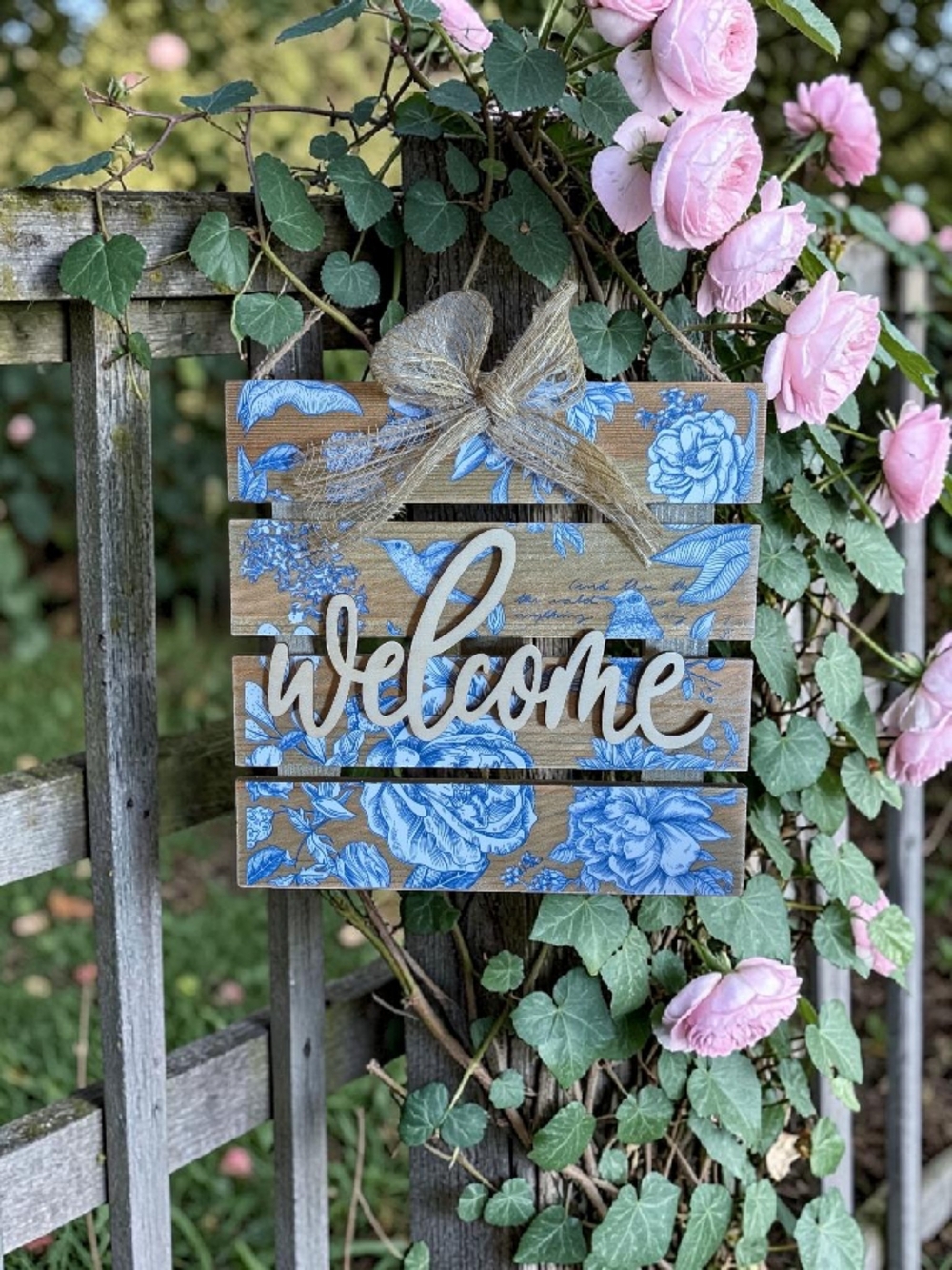 Wooden "Welcome" Sign with Blue Floral Design - Picture 2 of 4